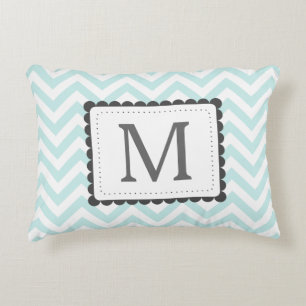 Mint Blue And White Chevron Custom Monogram Decorative Cushion