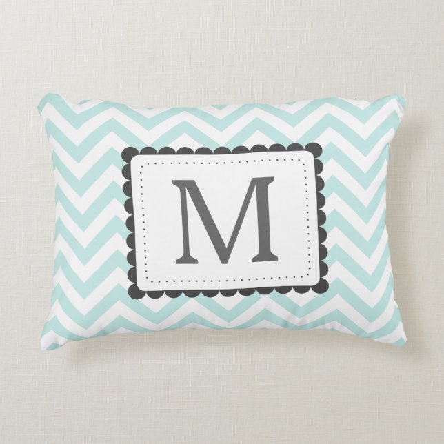 Mint Blue And White Chevron Custom Monogram Decorative Cushion (Front)