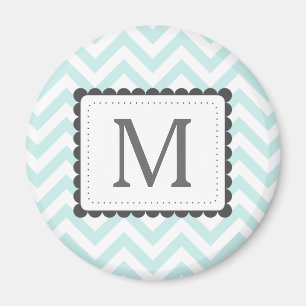 Mint Blue And White Chevron Custom Monogram Magnet