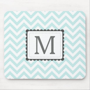 Mint Blue And White Chevron Custom Monogram Mouse Mat