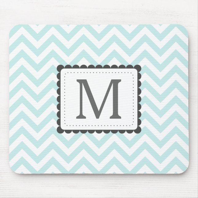 Mint Blue And White Chevron Custom Monogram Mouse Mat (Front)