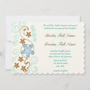 Mint Blue & Brown Swirl Flowers Wedding  Invitation