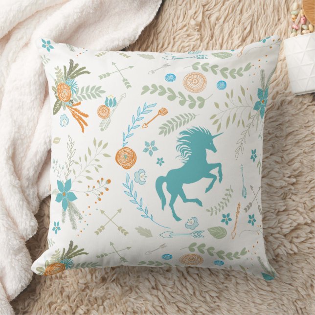 Mint Blue Coral  Trendy Unicorn & Floral Pattern Cushion (Blanket)