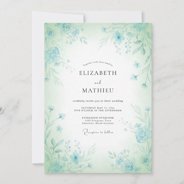 Mint Blue Floral Whimsy Wedding Invitation (Front)