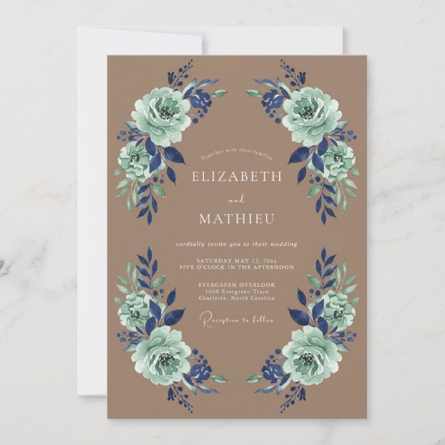 Mint Blue Floral Wreath Wedding Invitation (Front)