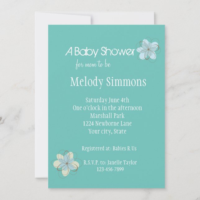 Mint Blue Flowers Baby Shower Invitation (Back)