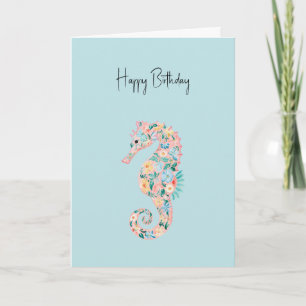Mint Blue Green Pink Seahorses Birthday Card