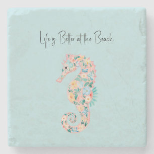 Mint Blue Green Pink Seahorses Stone Coaster
