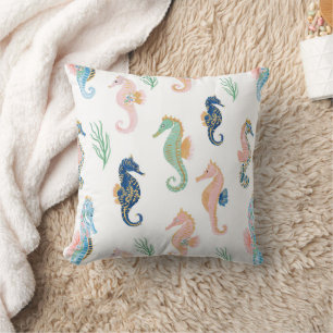 Mint Blue Green Pink Seahorses Wavy Stripes Cushion