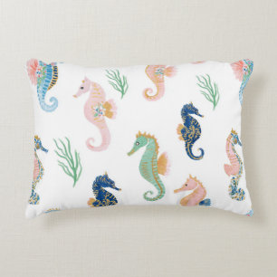 Mint Blue Green Pink Seahorses Wavy Stripes Decorative Cushion