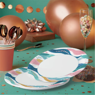 Mint Blue Green Pink Wavy Stripes Beach Birthday Paper Plate