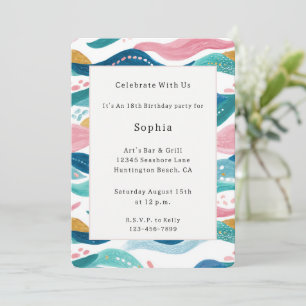 Mint Blue Green Pink Wavy Stripes Birthday Invitation