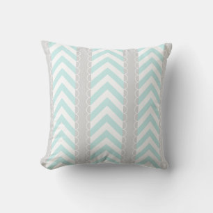 Mint Blue, Grey, White Chevron Stripes Pattern Cushion