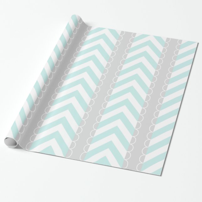 Mint Blue, Grey, White Chevron Stripes Pattern Wrapping Paper (Unrolled)