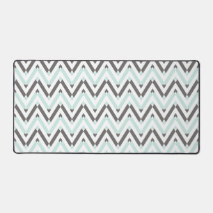 Mint Blue Grey White Geometric Chevron Pattern Desk Mat