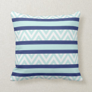 Mint Blue & Navy Stripes Chevron Pattern Cushion