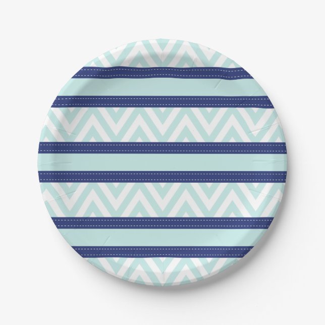 Mint Blue & Navy Stripes Chevron Pattern Paper Plate (Front)