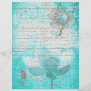 Mint blue old handwritting paper and flowers