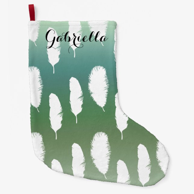 Mint Blue Ombre Feathers Large Christmas Stocking (Front)