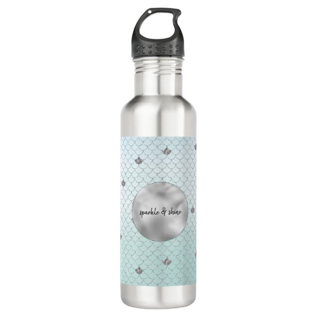 Mint Blue Ombre Silver Glitter Mermaid 710 Ml Water Bottle (Front)