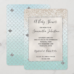 Mint Blue Ombre Silver Glitter Mermaid Baby Shower Invitation