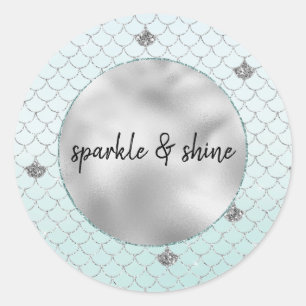 Mint Blue Ombre Silver Glitter Mermaid Classic Round Sticker