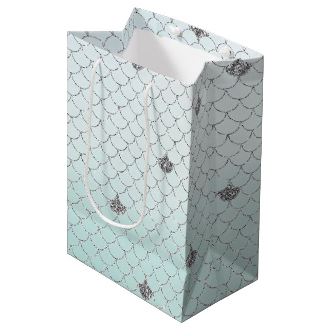 Mint Blue Ombre Silver Glitter Mermaid Sparkle Medium Gift Bag (Front Angled)