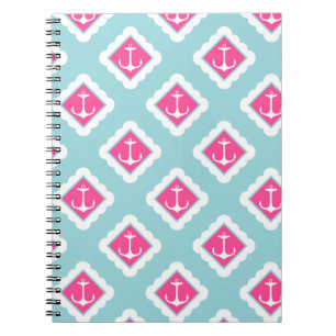 Mint Blue, Pink, White Anchors Nautical Pattern Notebook
