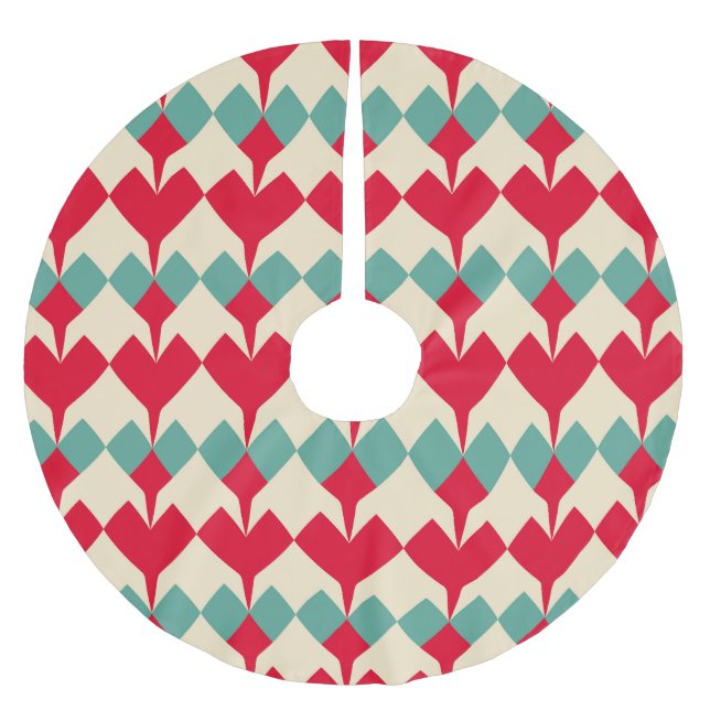 Mint blue, red hearts tile pattern. brushed polyester tree skirt (Front)