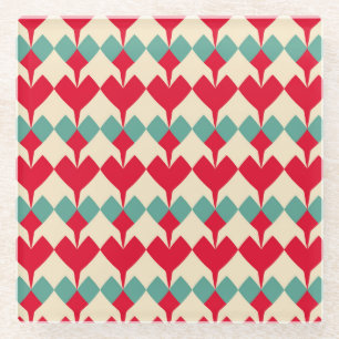 Mint blue, red hearts tile pattern. glass coaster