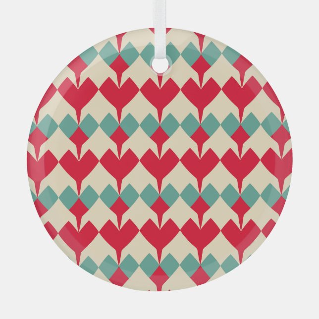 Mint blue, red hearts tile pattern. glass tree decoration (Front)