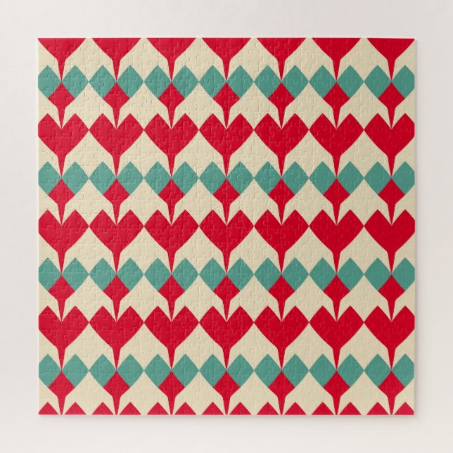 Mint blue, red hearts tile pattern. jigsaw puzzle (Vertical)