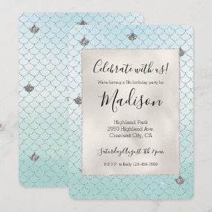 Mint Blue Silver Glitter Glitz Mermaid Birthday Invitation