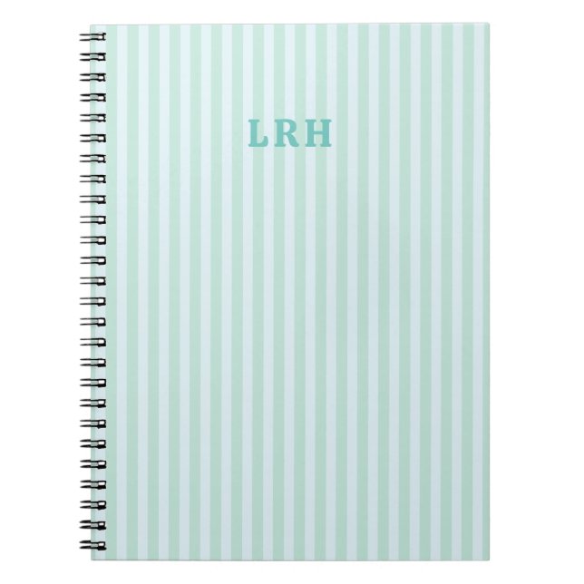 Mint Blue Stripe Design Tiny Initials Monogram Notebook (Front)