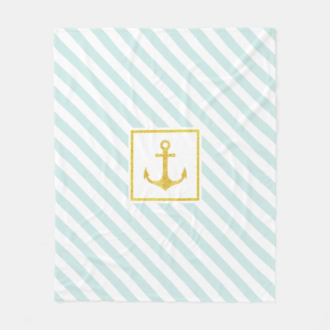 Mint Blue Stripes Faux Glittery Golden Anchor Fleece Blanket (Front)