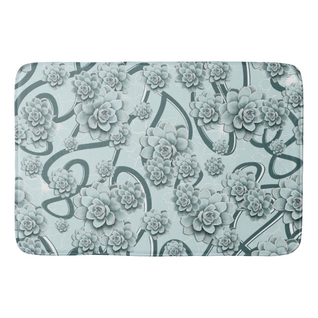 Mint Blue Succulents on Pine Green Trellis Repeat Bath Mat (Front)