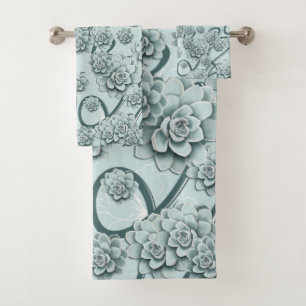 Mint Blue Succulents on Pine Green Trellis Repeat Bath Towel Set