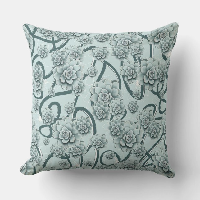 Mint Blue Succulents on Pine Green Trellis Repeat Cushion (Front)