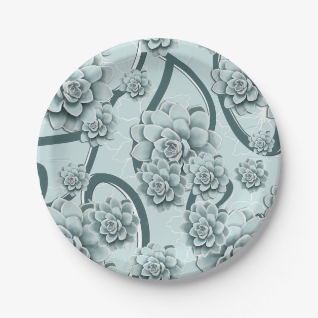 Mint Blue Succulents on Pine Green Trellis Repeat  Paper Plate (Front)