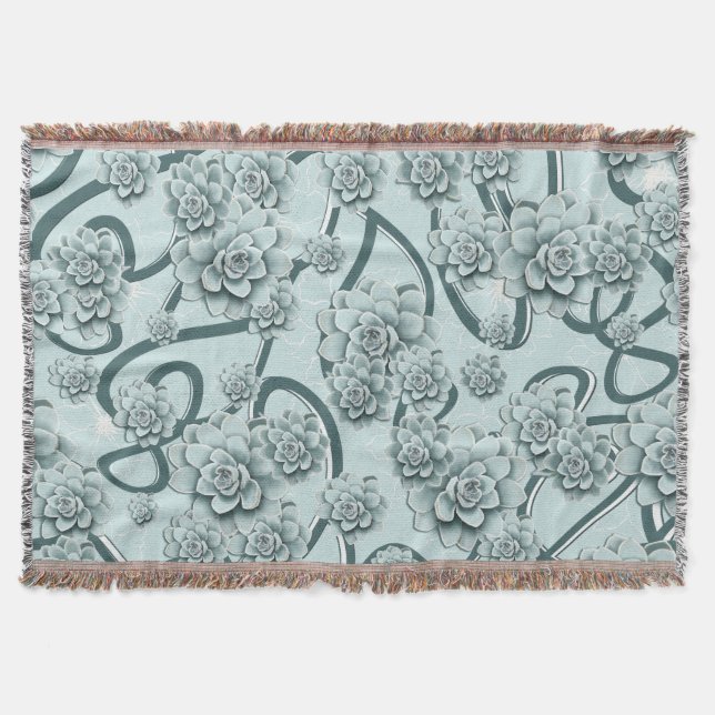 Mint Blue Succulents on Pine Green Trellis Repeat Throw Blanket (Front)