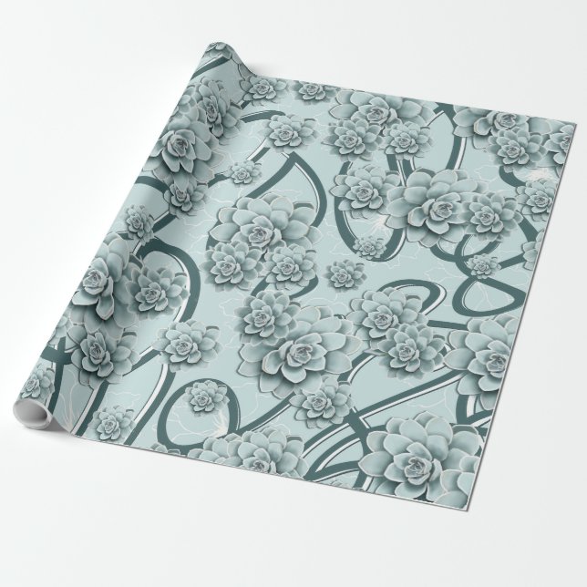 Mint Blue Succulents on Pine Green Trellis Repeat Wrapping Paper (Unrolled)