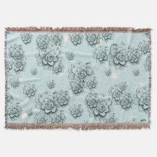 Mint Blue Succulents on plain pattern Repeat Throw Blanket