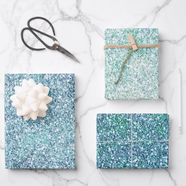 Mint Blue Teal Ombre Sparkle Glitter         Wrapping Paper Sheet (Front)