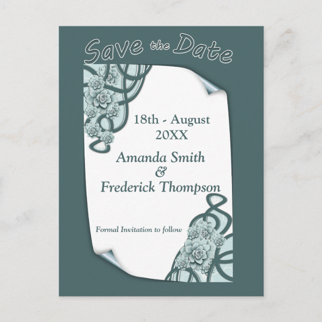 Mint Blue to Pine Green Succulents Save the Date Announcement Postcard (Front)