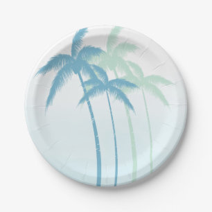 Mint Blue Tropical Palm Trees Ombre Paper Plate