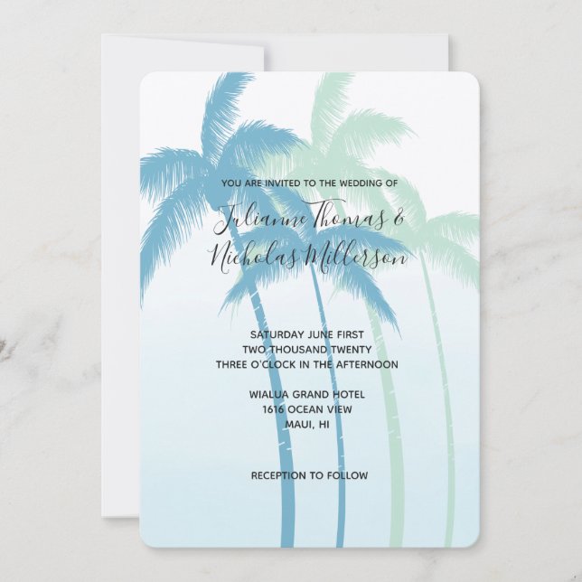 Mint Blue Tropical Palm Trees Ombre Wedding Invitation (Front)
