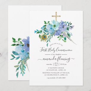Mint & Blue Watercolor Boho Floral Holy Communion Invitation