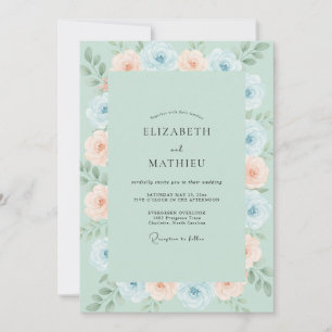 Mint Blue Watercolor Floral Wedding Invitation