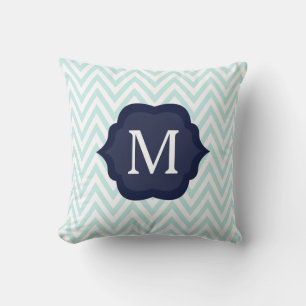 Mint Blue & White Chevron Navy Monogram Design Cushion