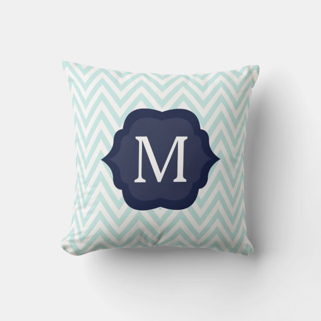 Mint Blue  & White Chevron Navy  Monogram Design Cushion (Front)